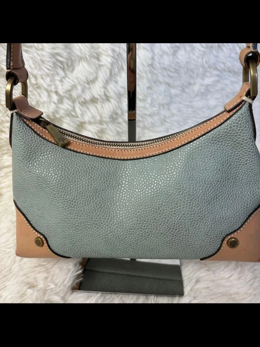 Mulberry Sage Pebbled Leather Shoulder Bag with Tan Trim